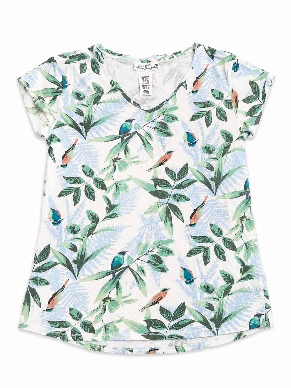 a.n.a White V-Neck Tee with Green and Blue Tropical Bird Print